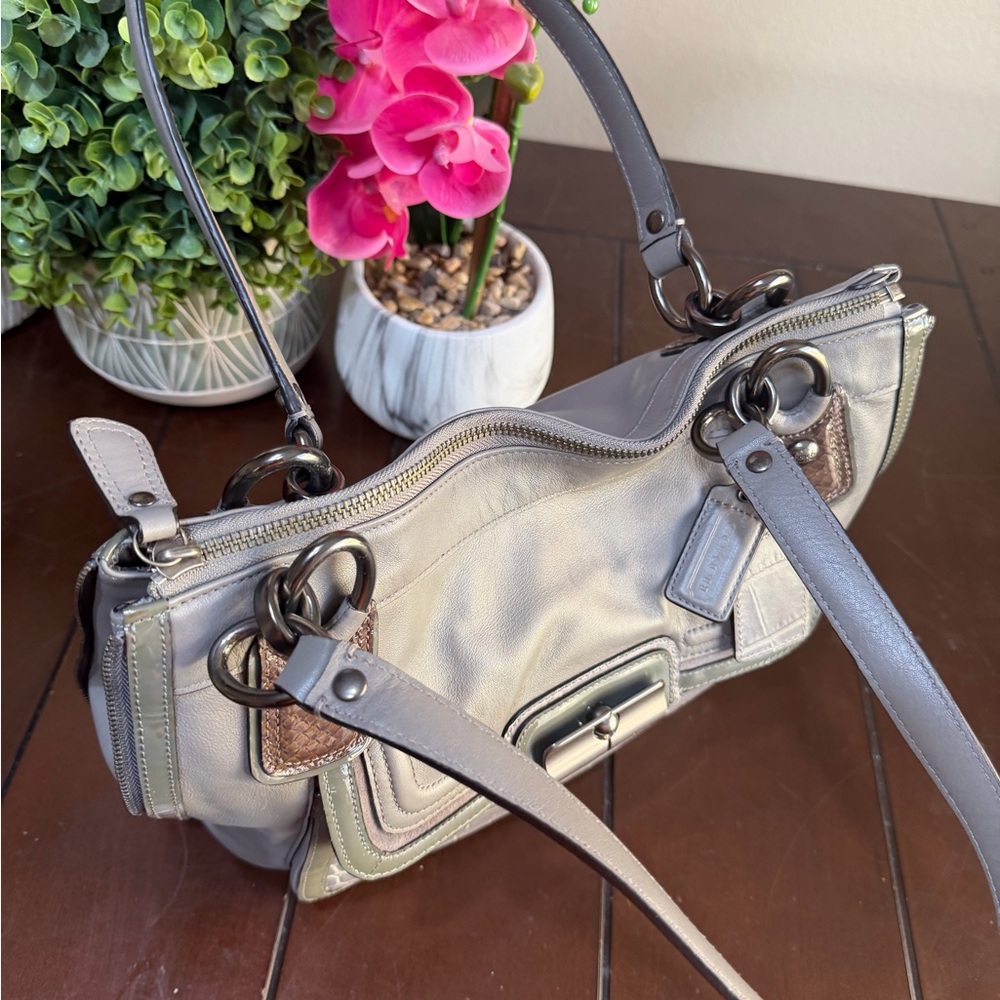 Coach Kristen Spectator Bag Expandable Grey Green Leather Zip Double Handle - Picture 11 of 16
